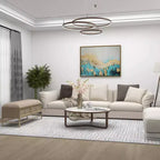 Banc de rangement contemporain en lin beige avec cadre en bois capitonné
