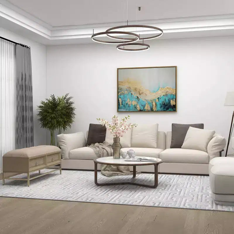 Banc de rangement contemporain en lin beige avec cadre en bois capitonné