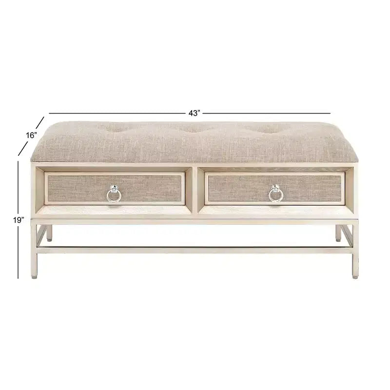Banc de rangement contemporain en lin beige avec cadre en bois capitonné