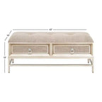 Banc de rangement contemporain en lin beige avec cadre en bois capitonné