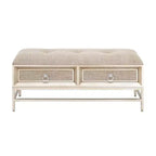 Banc de rangement contemporain en lin beige avec cadre en bois capitonné