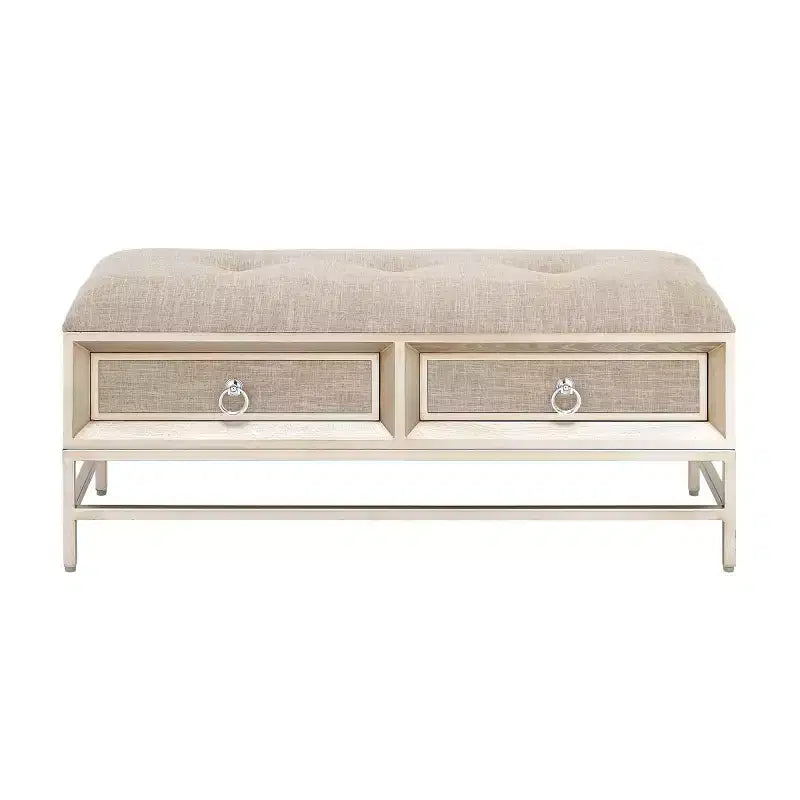 Banc de rangement contemporain en lin beige avec cadre en bois capitonné