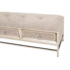Banc de rangement contemporain en lin beige avec cadre en bois capitonné
