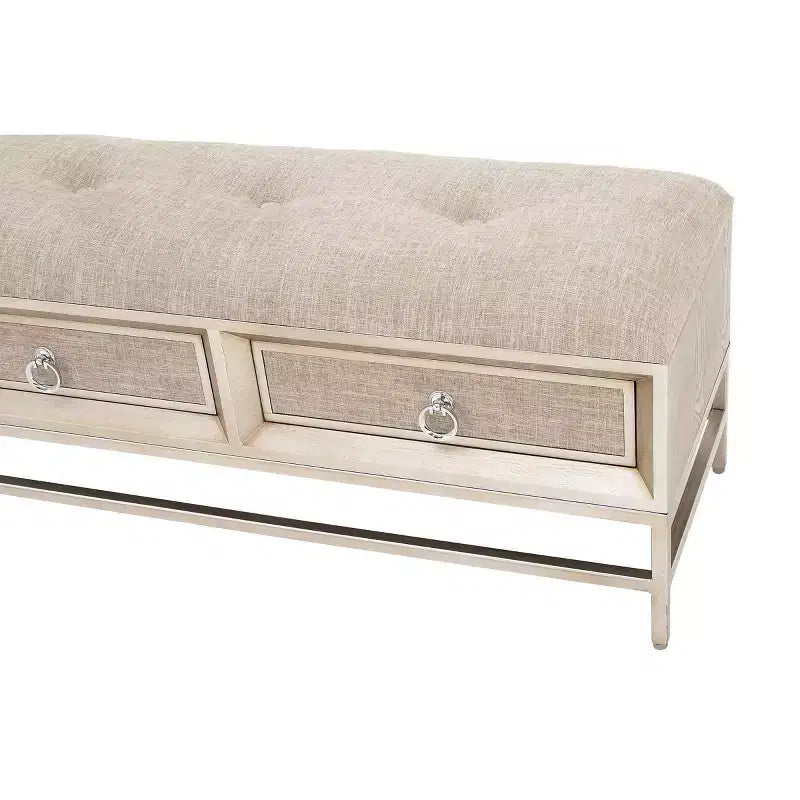 Banc de rangement contemporain en lin beige avec cadre en bois capitonné