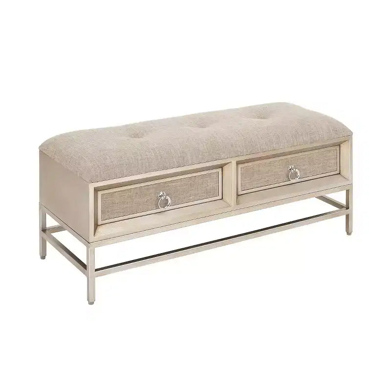 Banc de rangement contemporain en lin beige avec cadre en bois capitonné