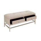 Banc de rangement contemporain en lin beige avec cadre en bois capitonné