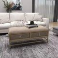 Banc de rangement contemporain en lin beige avec cadre en bois capitonné