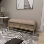 Banc de rangement contemporain en lin beige avec cadre en bois capitonné