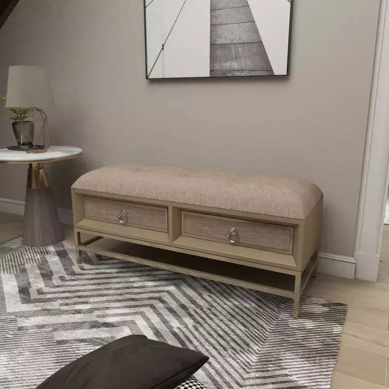 Banc de rangement contemporain en lin beige avec cadre en bois capitonné