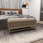 Banc de rangement contemporain en lin beige avec cadre en bois capitonné