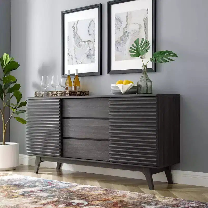 Buffet en bois ou meuble TV moderne du milieu du siècle, couleur charbon