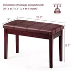 Banc de piano en bois massif avec revêtement en cuir PU, siège de clavier rembourré double pour duo avec rangement