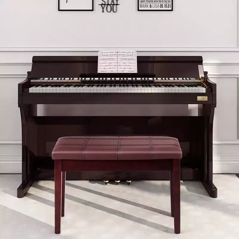 Banc de piano en bois massif avec revêtement en cuir PU, siège de clavier rembourré double pour duo avec rangement