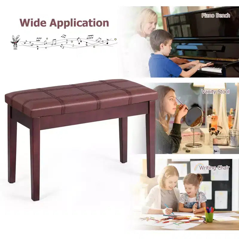 Banc de piano en bois massif avec revêtement en cuir PU, siège de clavier rembourré double pour duo avec rangement
