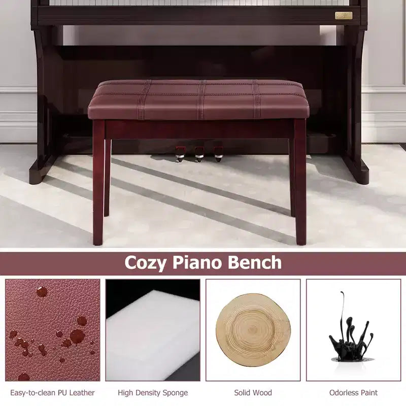 Banc de piano en bois massif avec revêtement en cuir PU, siège de clavier rembourré double pour duo avec rangement