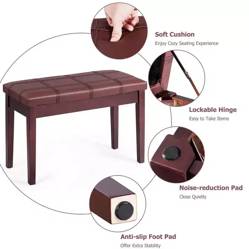 Banc de piano en bois massif avec revêtement en cuir PU, siège de clavier rembourré double pour duo avec rangement