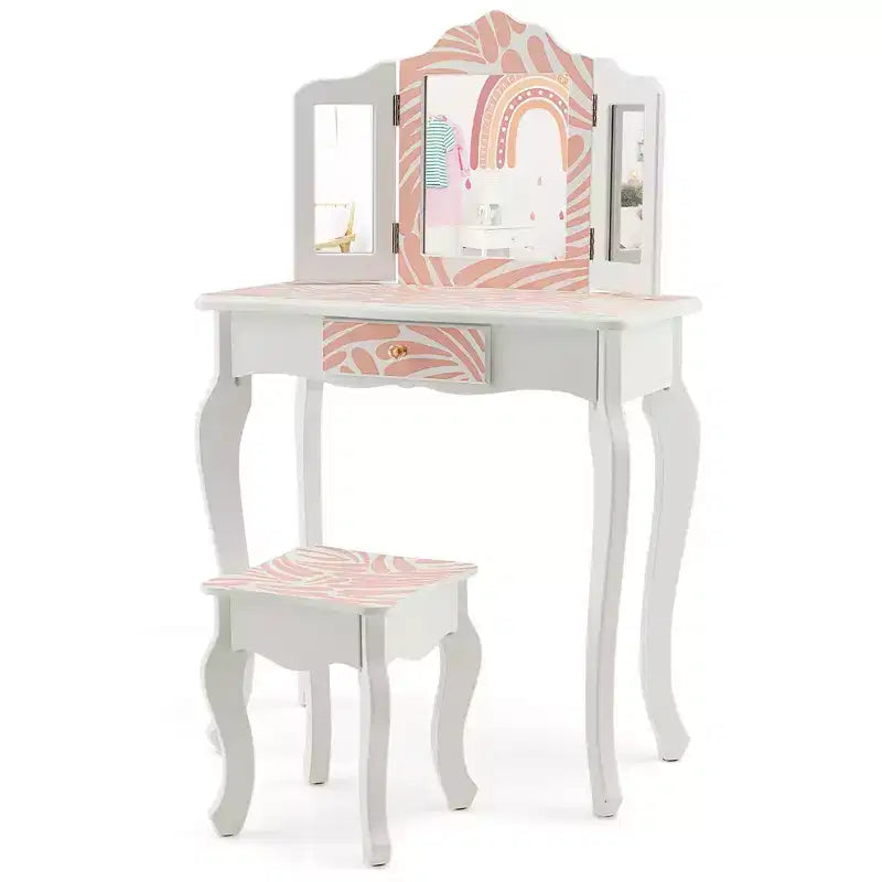 Coiffeuse enfant avec tabouret et miroir triptyque zébré