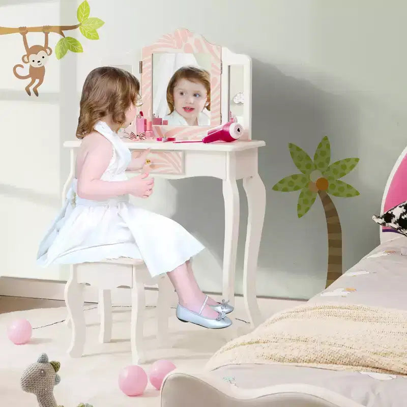 Coiffeuse enfant avec tabouret et miroir triptyque zébré