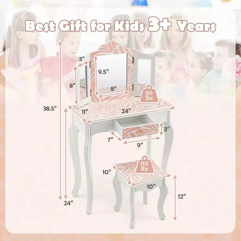 Coiffeuse enfant avec tabouret et miroir triptyque zébré