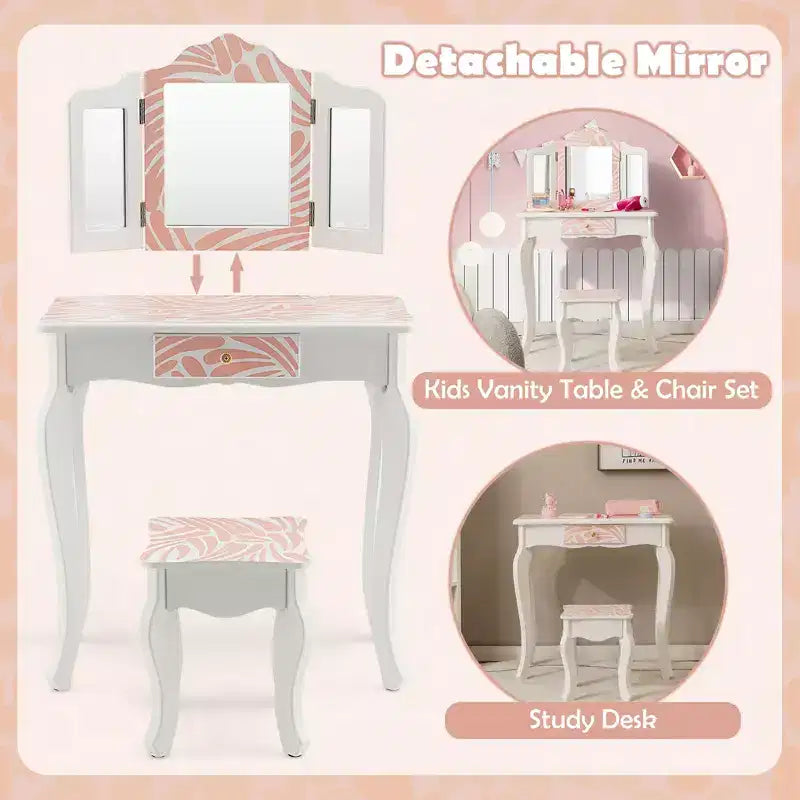Coiffeuse enfant avec tabouret et miroir triptyque zébré