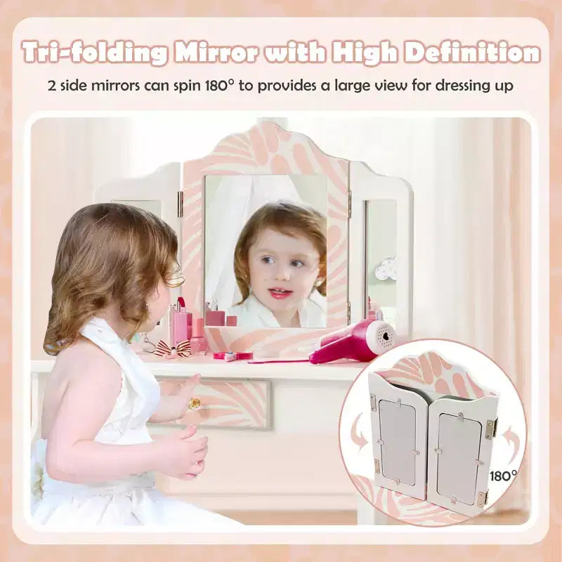 Coiffeuse enfant avec tabouret et miroir triptyque zébré