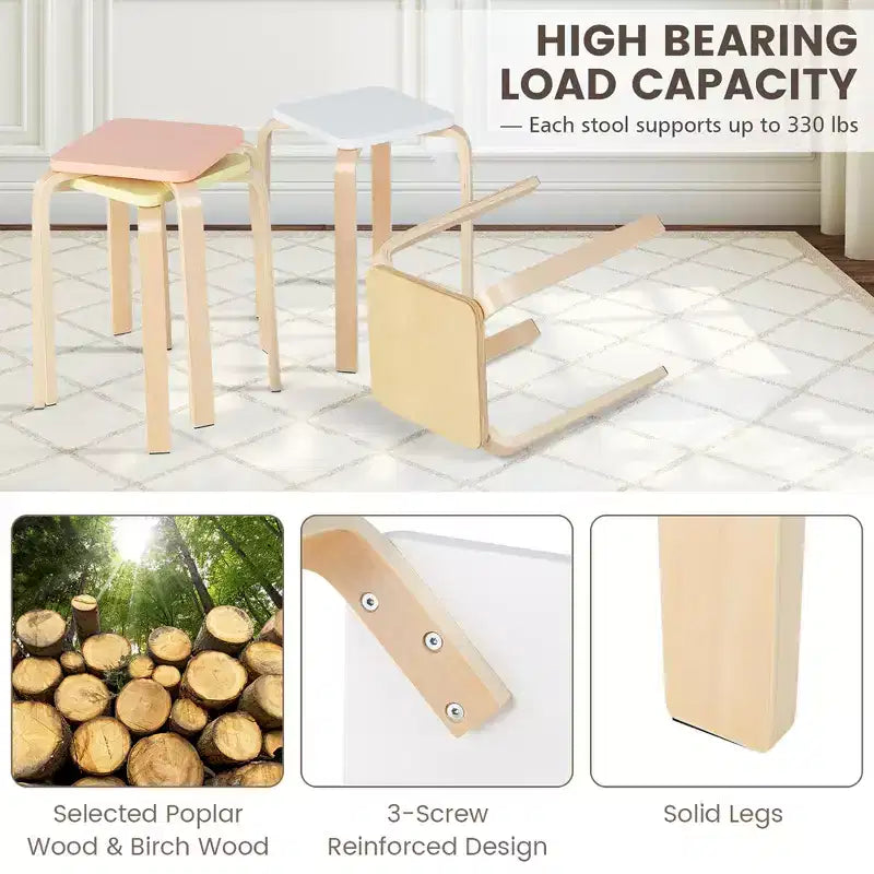 Tabourets carrés colorés, tabourets en bois empilables avec patins antidérapants en feutre