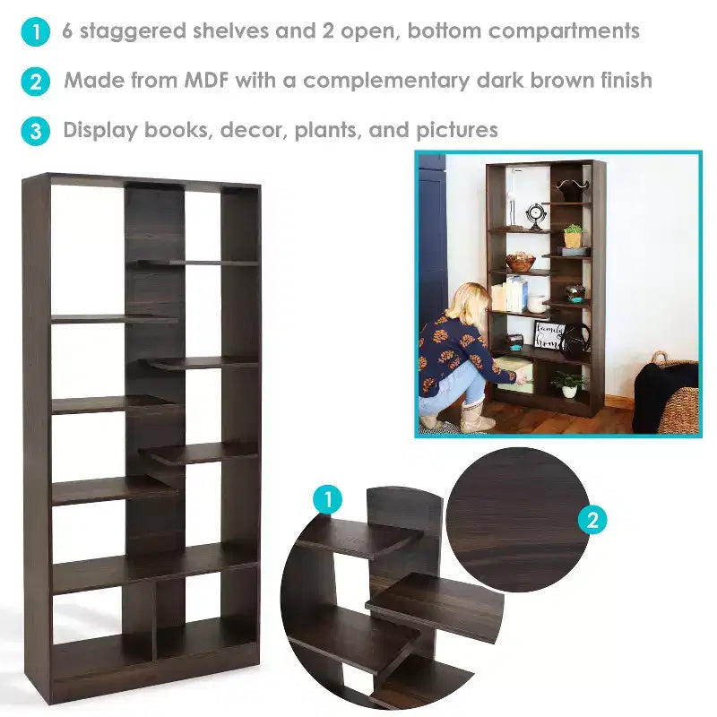 Étagère à Livres Ouverte à 9 Niveaux avec Tablettes Décalées pour l'Intérieur