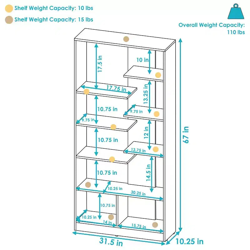 Étagère à Livres Ouverte à 9 Niveaux avec Tablettes Décalées pour l'Intérieur